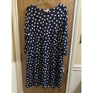 Boden Navy White Polka Dot  Dress Women's Fit & Flare 3/4 Sleeves Sz 16R Preppy